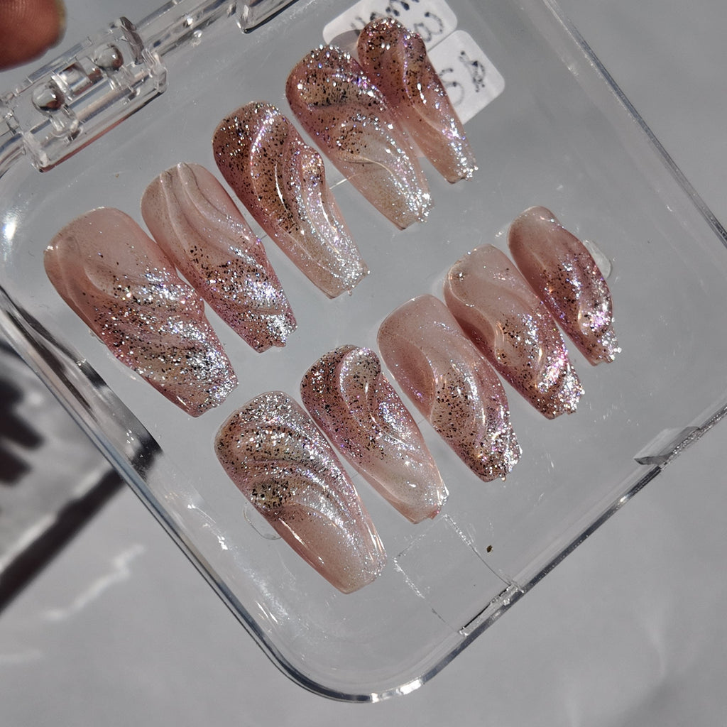 Pink Cat Eye & Glitter 3D Press-On Nails
