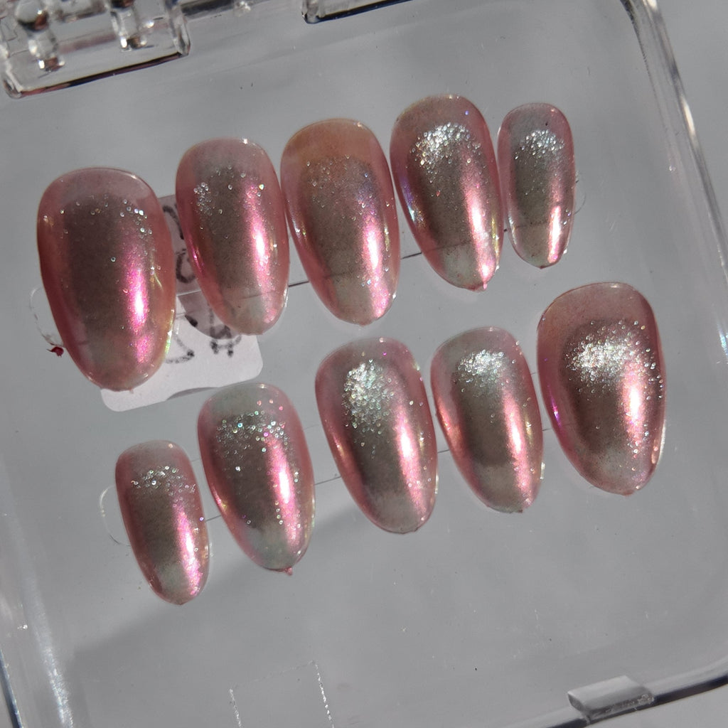 Pink Cat Eye & Chrome Press-On Nails