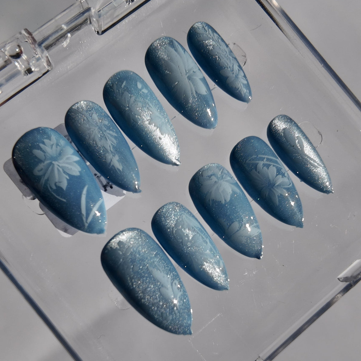 Blue Cat Eye & Floral Press-On Nails