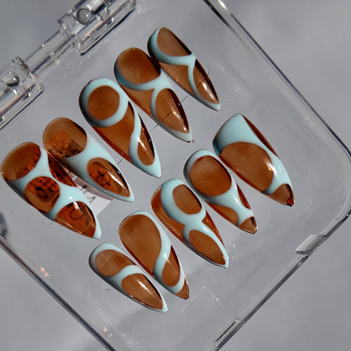 Burnt Orange Jelly & Blue Abstract Press-On Nails