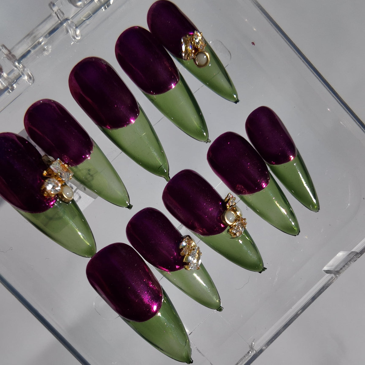Plum Chrome & Green Jelly Tips Press-On Nails w/Jewels