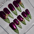 Plum Chrome & Green Jelly Tips Press-On Nails w/Jewels