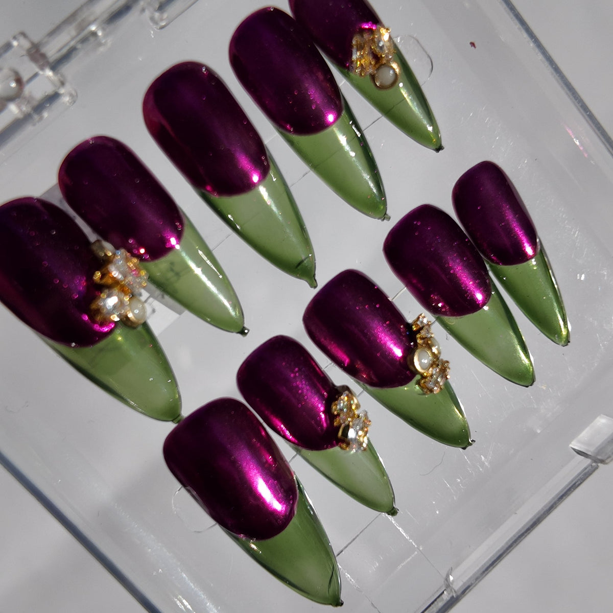 Plum Chrome & Green Jelly Tips Press-On Nails w/Jewels