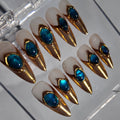Gold Chome Tips w/Blue Cat Eye Jewel Press-On Nails
