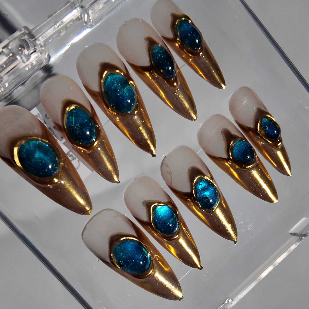 Gold Chome Tips w/Blue Cat Eye Jewel Press-On Nails